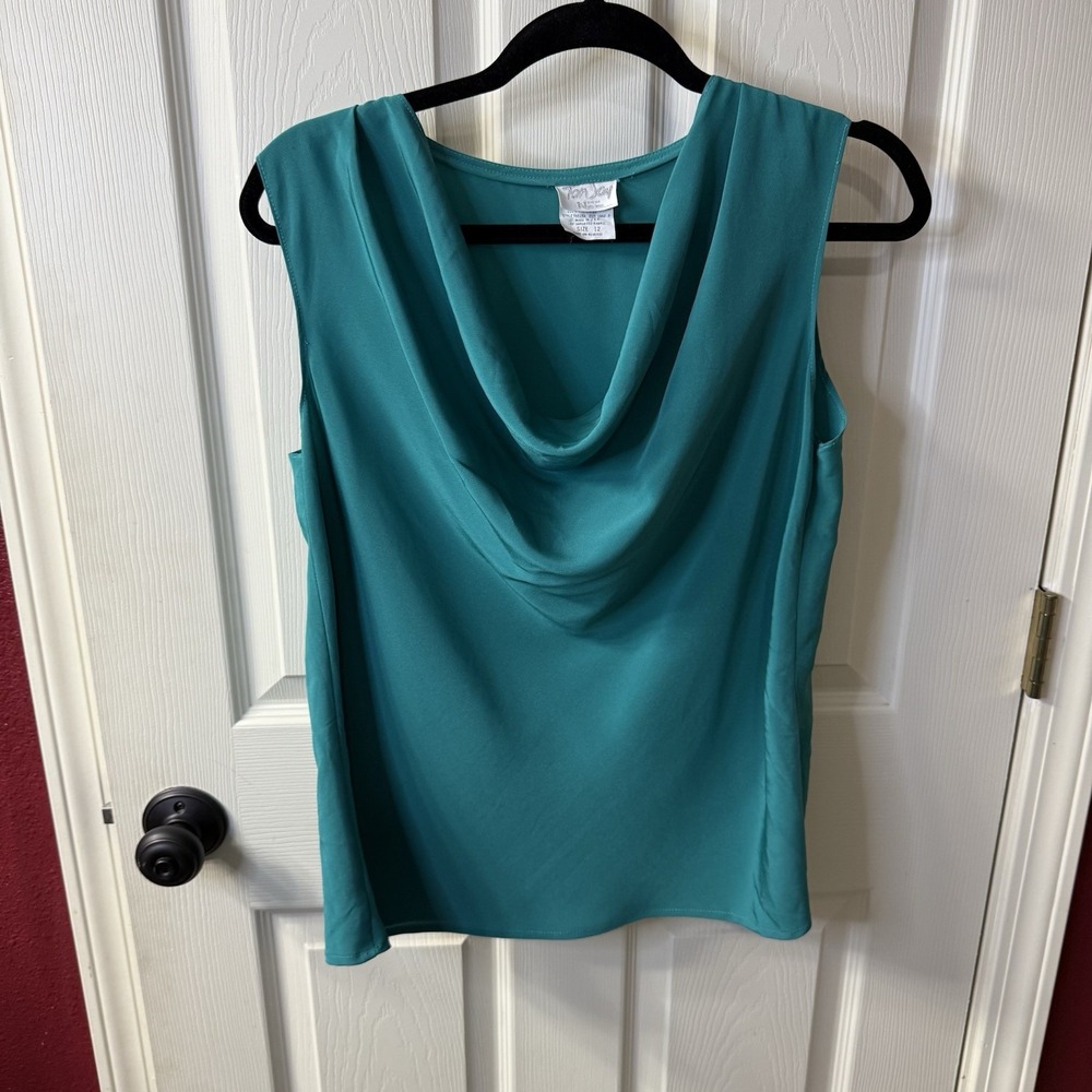 Tan‎ Jay Women Teal Blue Cowl Neck Sleeveless Top Size 12 Polyester